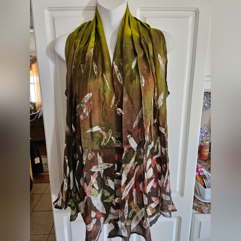 Green and Brown Pleated Top